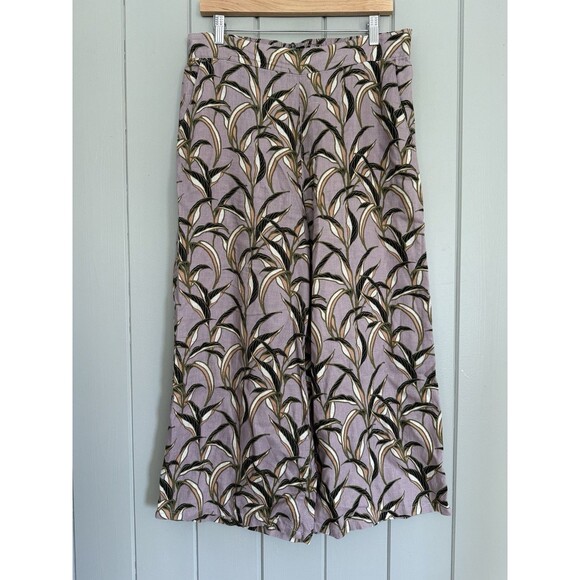 Tahari Pants Large L Leaf Print Tropical Wide Leg Cropped 100% Linen Purple - Picture 1 of 6